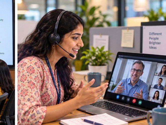A professional wearing a headset speaking confidently on a video call with a client team.