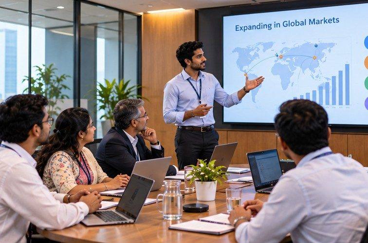 A professional presenting a global markets strategy to colleagues in a boardroom meeting.