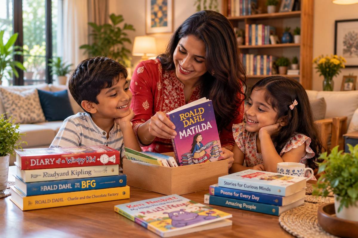 A mother sitting with her two children, smiling and reading a storybook together at home.