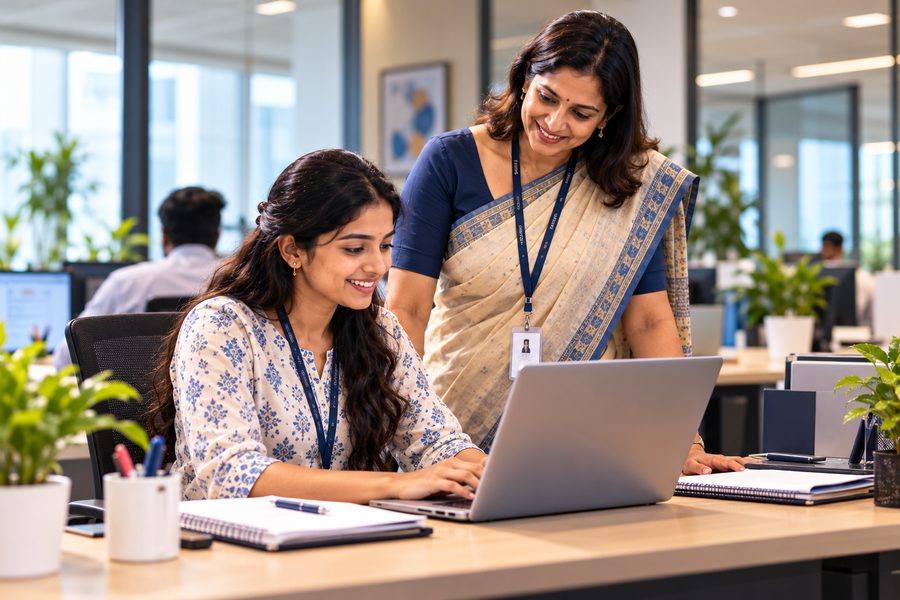 A senior colleague mentoring a team member at her laptop in a modern office.