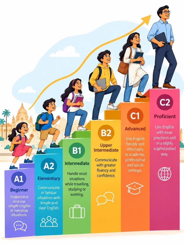 Illustration of six steps from A1 Beginner to C2 Proficient, with learners climbing from children at A1 to a confident professional at C2.