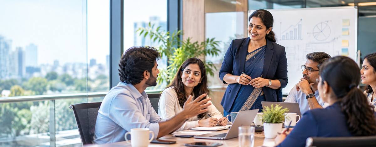 Colleagues collaborating in a modern workplace communication session.