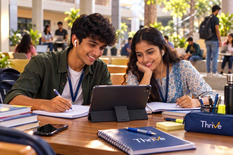 Two college students reviewing a Thrive lesson together on a tablet on campus.