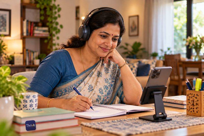 A homemaker studying a Thrive lesson and taking notes.