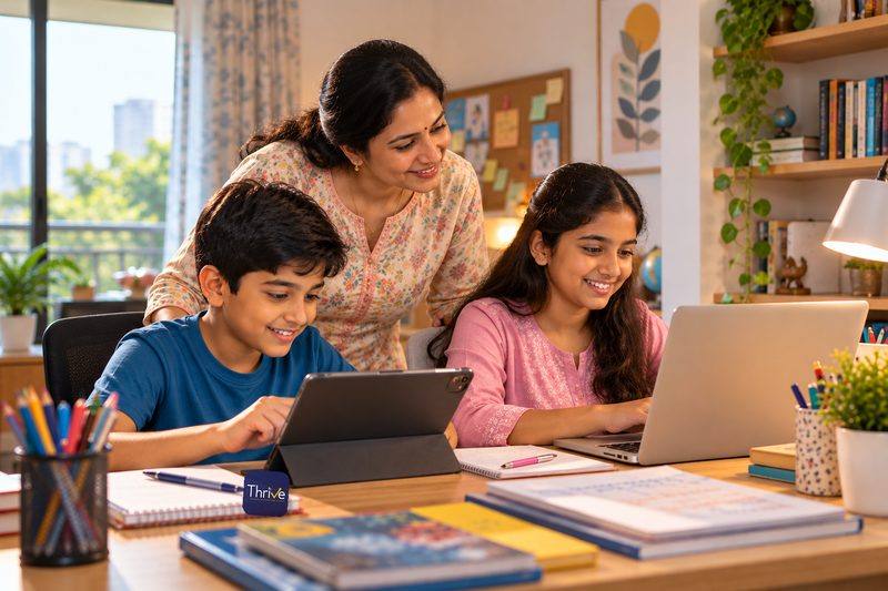 A mother guides her son and daughter through a Thrive lesson at home.