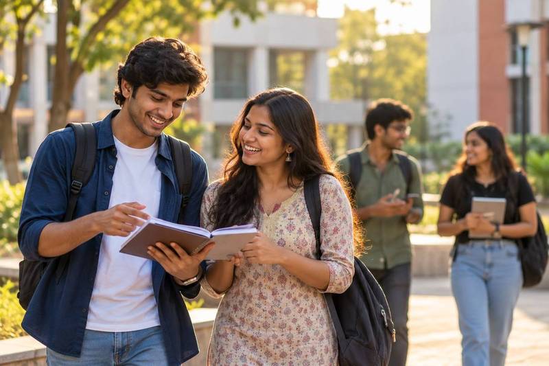 A group of Indian college students chatting confidently on campus.