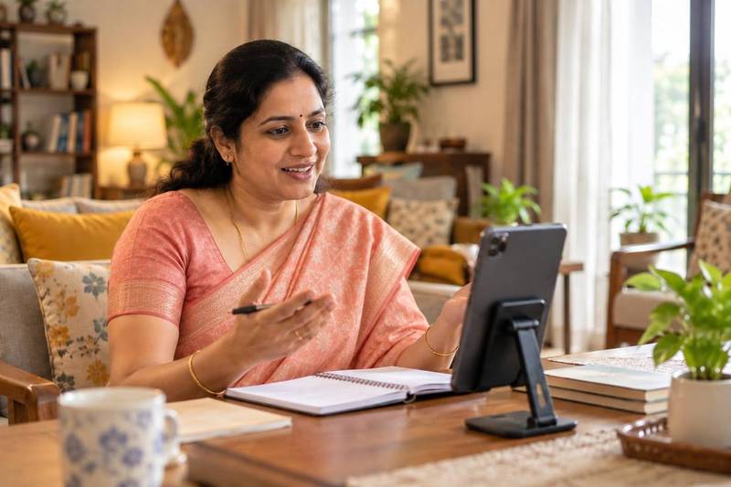 A homemaker confidently practising English on a tablet.