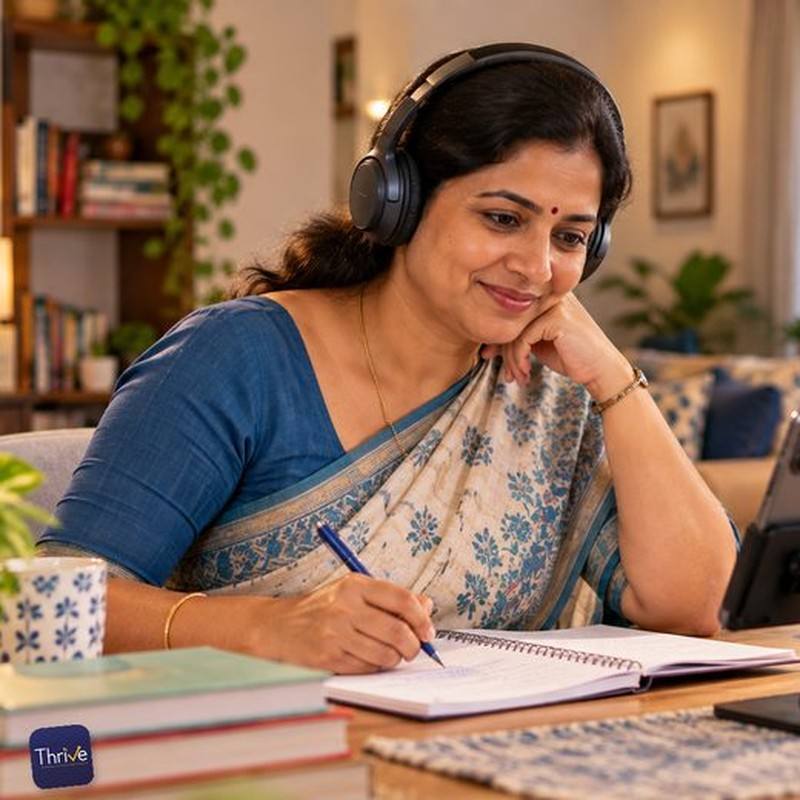 A homemaker in a saree taking notes during an English lesson at home.