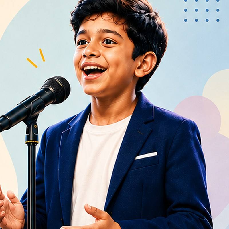 A cheerful schoolboy speaking confidently into a microphone.