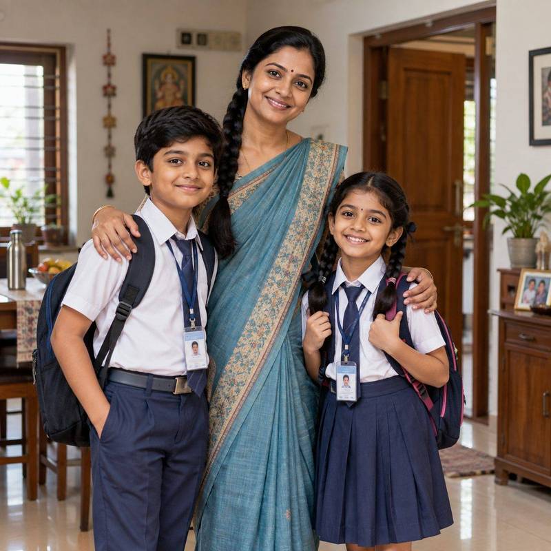 Mother with her two children in school uniform at home.
