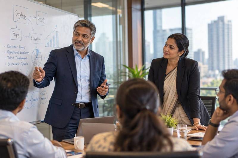 A South Indian CEO presenting a strategy diagram on a whiteboard, with a woman business leader beside him, to their team in a boardroom.