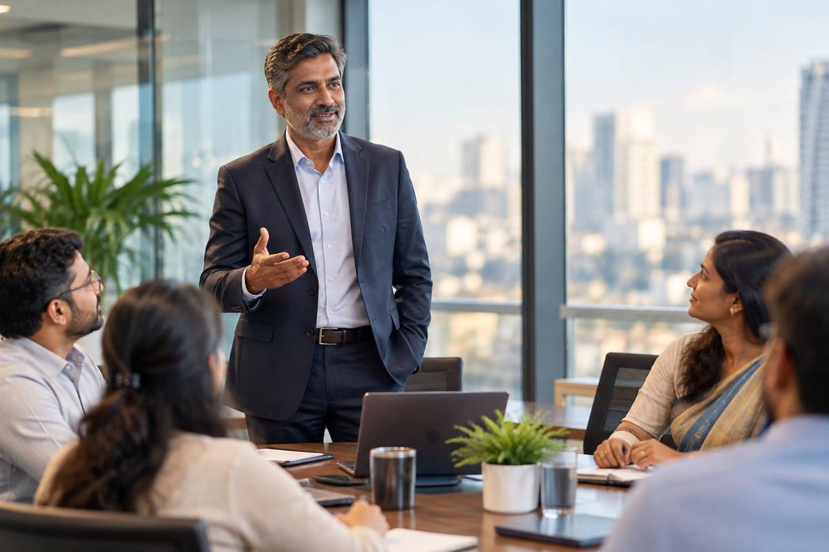 A professional leading a discussion in a meeting room, with colleagues listening.