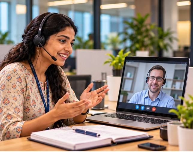 A professional practising business English on a video call from her desk.